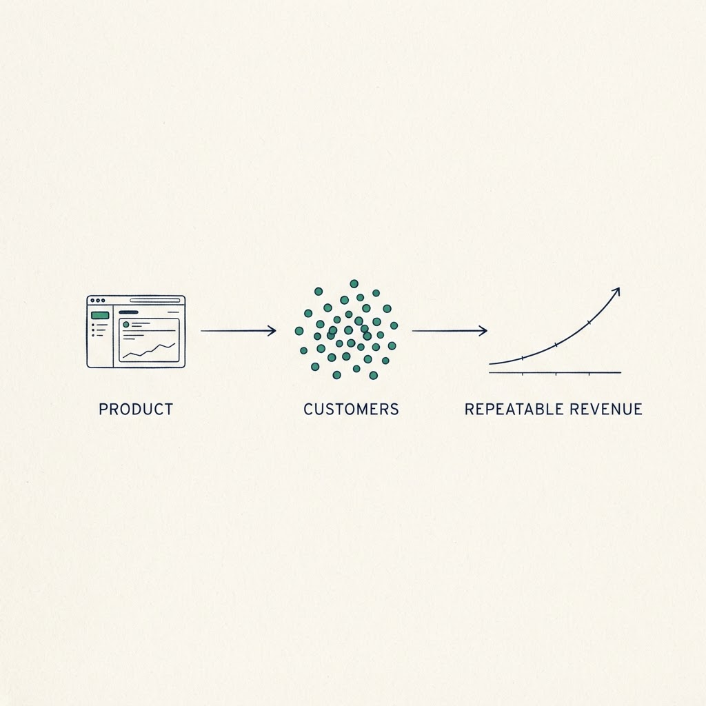 Sketch showing a SaaS product moving toward customers and repeatable revenue
